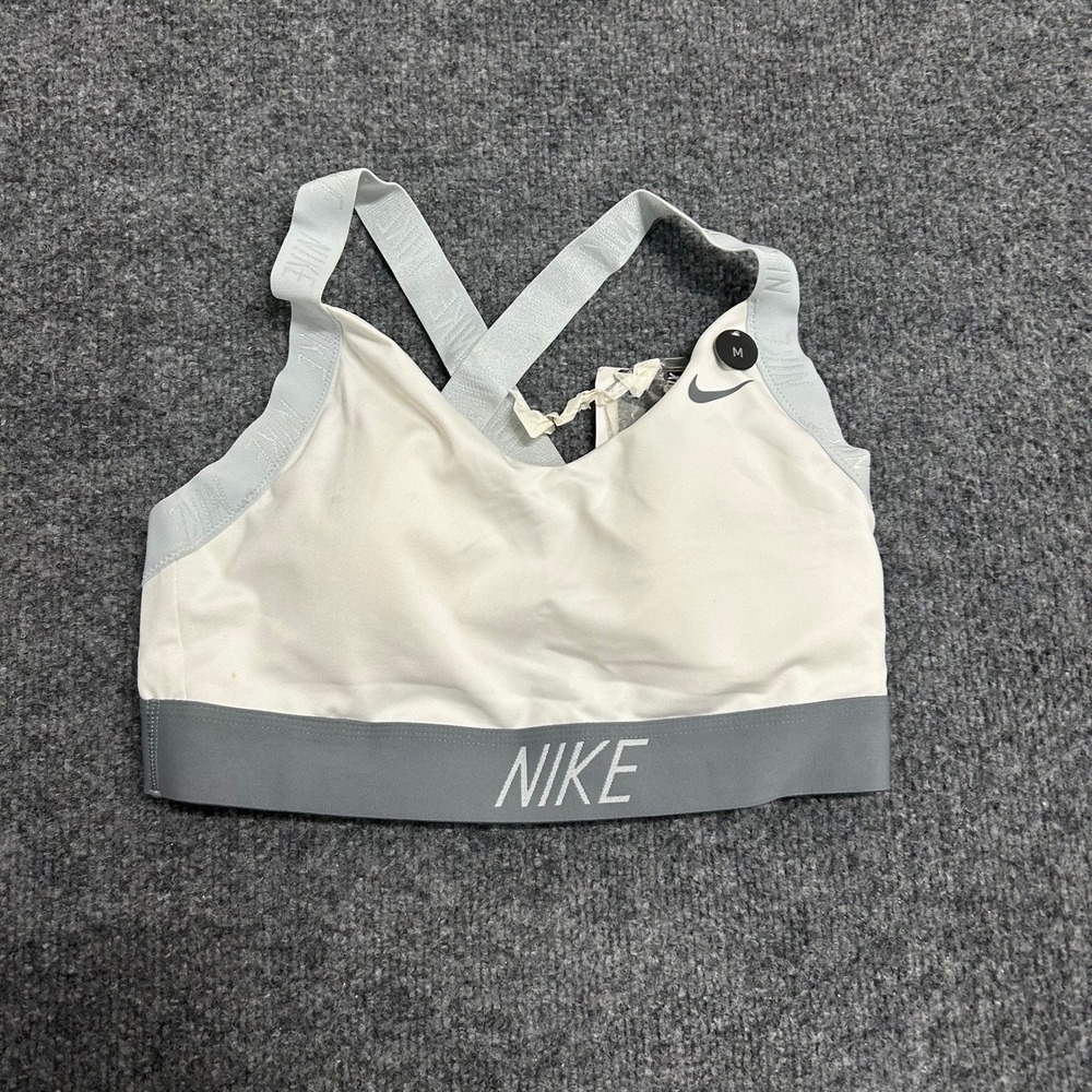 Nike Sports Bra Womens Size M White Grey Indy Cross Back Padded 858583-100